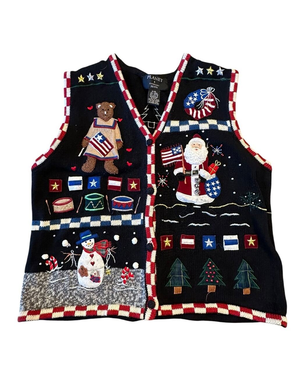 Planet & Company Women’s Petite XL Black Americana Christmas Vest Ramie Cotton